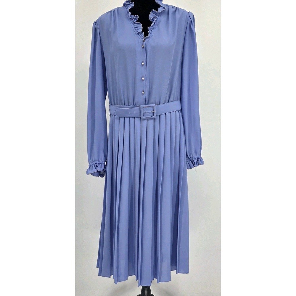 Vtg 1980s Jo Hanna York Dress L Periwinkle Pleated Skirt Ruffle Collar Belted